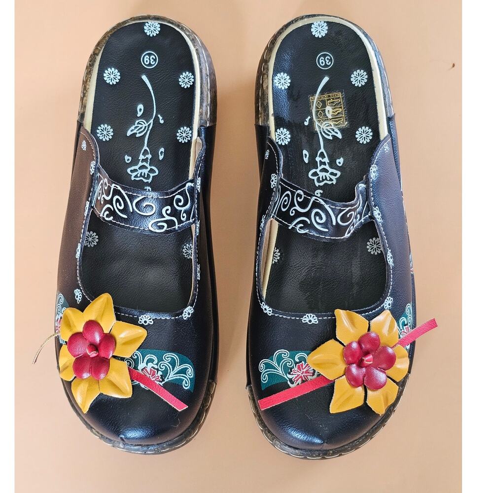 Socofy Leather Floral SZ (39) 8.5 Colorful Clogs Mules Boho Artsy Hippie